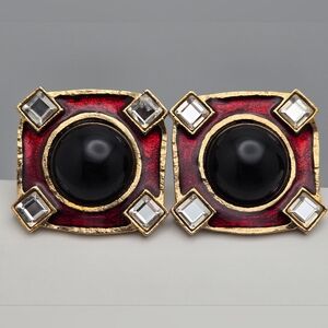 Vintage Craft Black Cabochon Red Enamel Rhinestone Clip On Earrings
